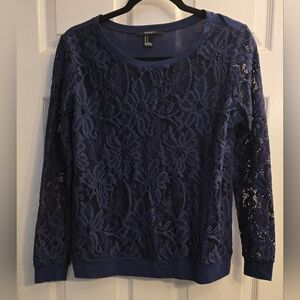 Forever 21 Blue Lace front Long Sleeve Top, size small